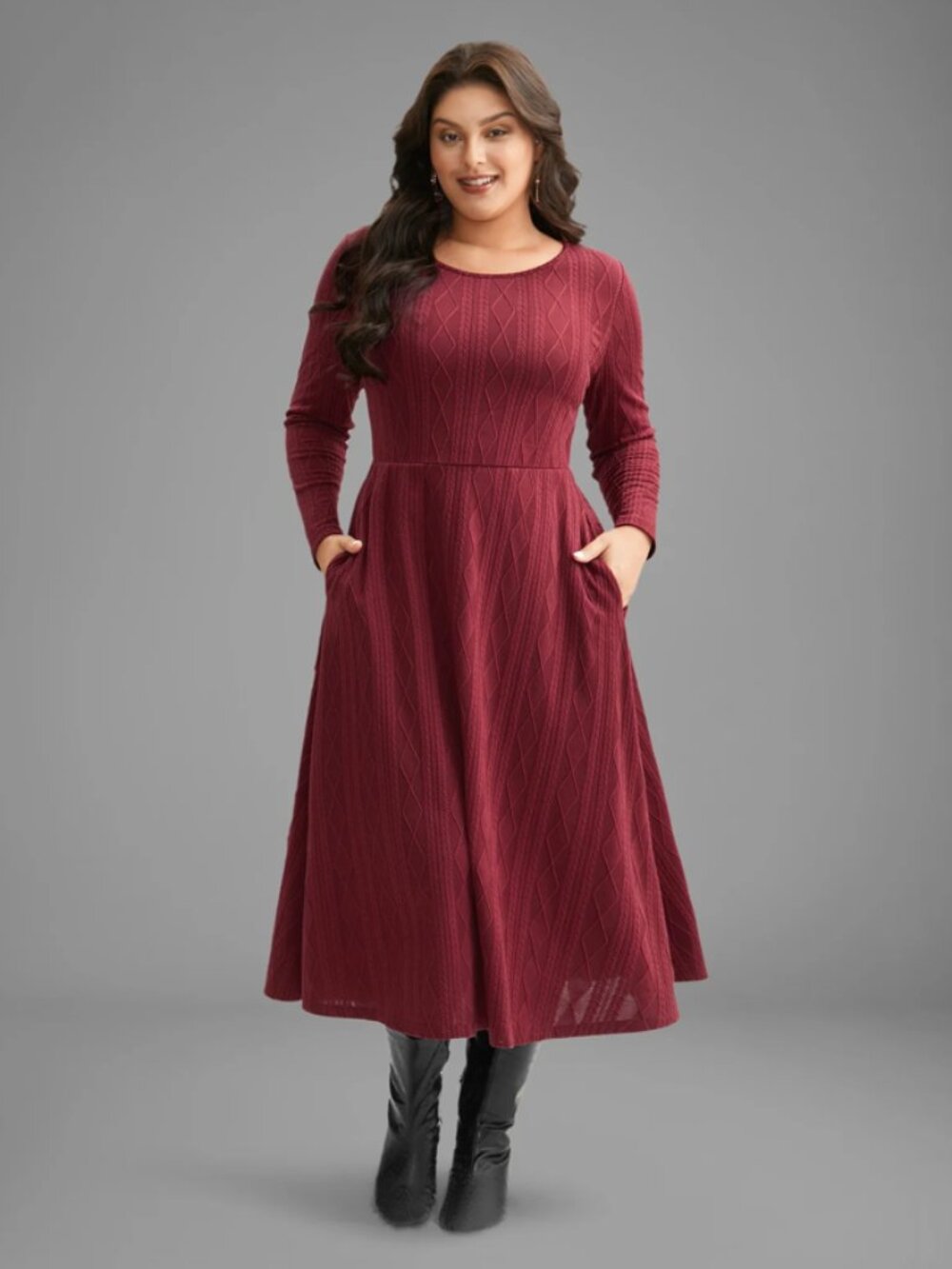 BloomChic Size 28 Merlot Textured Knit Fit & Flare Midi Dress